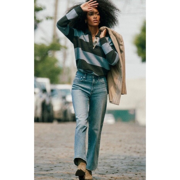 Madewell Rugby Stripe Polo Sweater Blue Grey Wool Alpaca Size XS - Picture 2 of 11